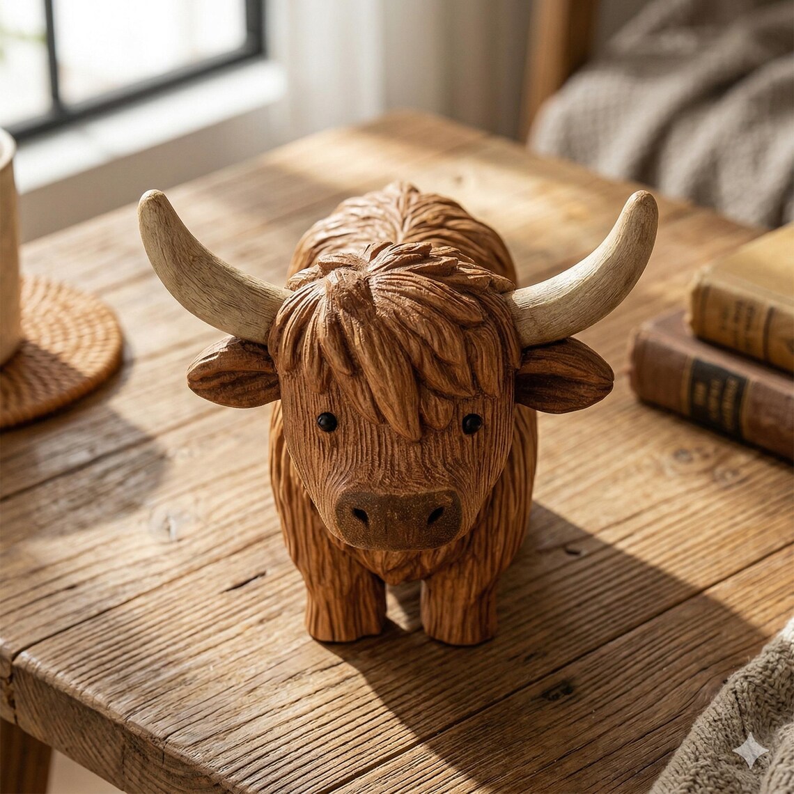 Wooden Highland Cow Figurine - Farmhouse Decor & Unique Gift🎁 (3.5")