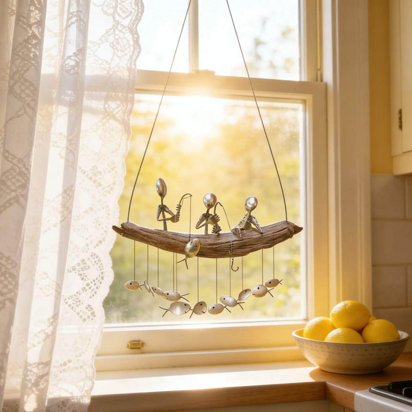 ❤️Handmade Fishing Man Spoon Fish Sculpture Wind Chime