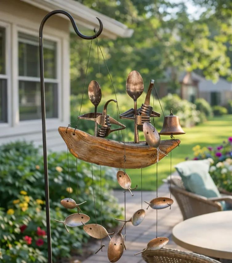 ❤️Handmade Fishing Man Spoon Fish Sculpture Wind Chime