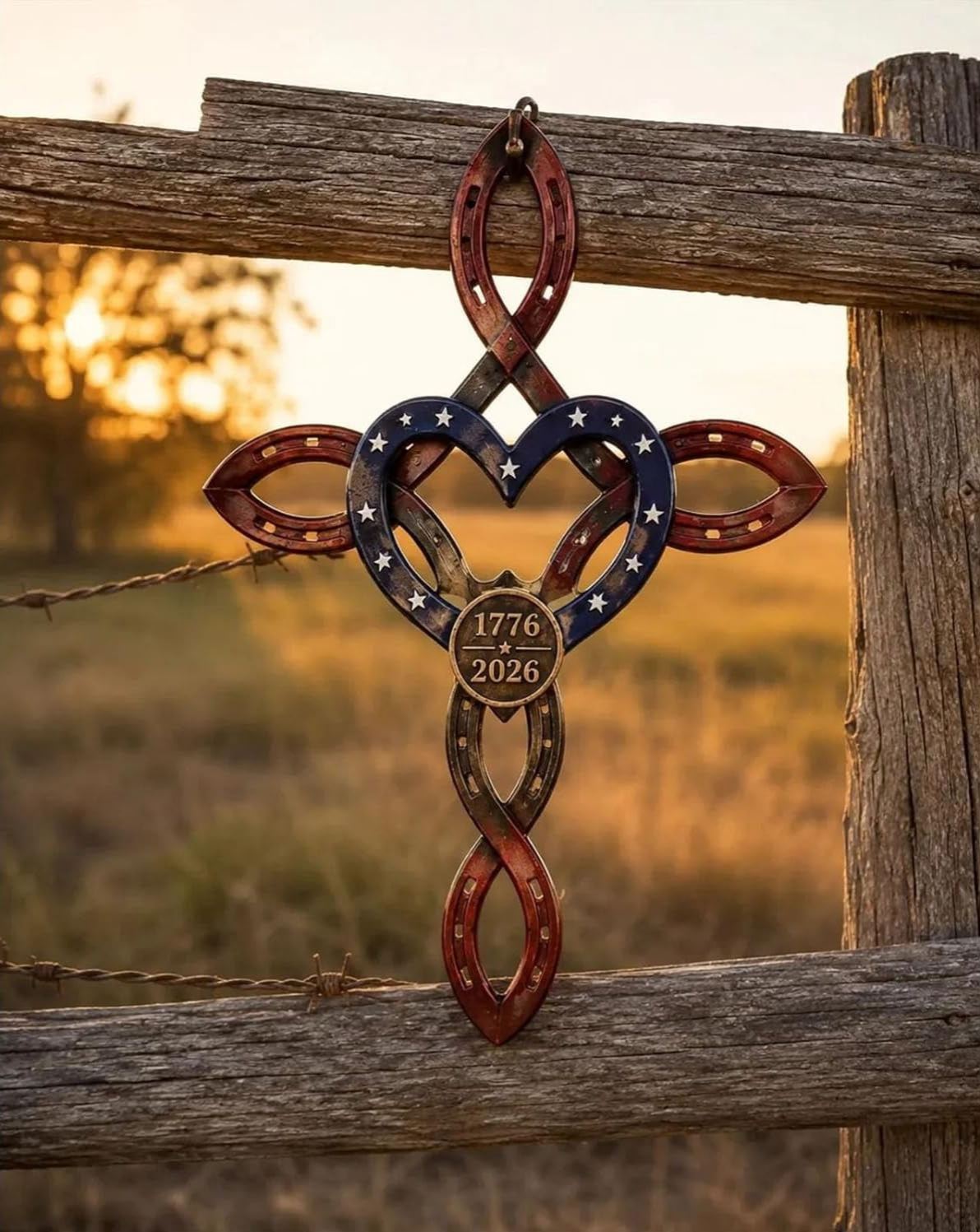 America 250th Rustic Horseshoe Cross Decor 1776 To 2026 Commemorative Wall Hanging With Red Horseshoe Details For Memorial Day Independence Day And Veterans