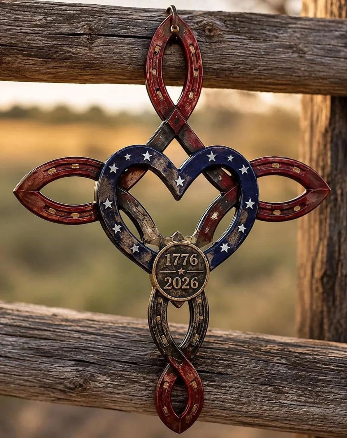 America 250th Rustic Horseshoe Cross Decor 1776 To 2026 Commemorative Wall Hanging With Red Horseshoe Details For Memorial Day Independence Day And Veterans