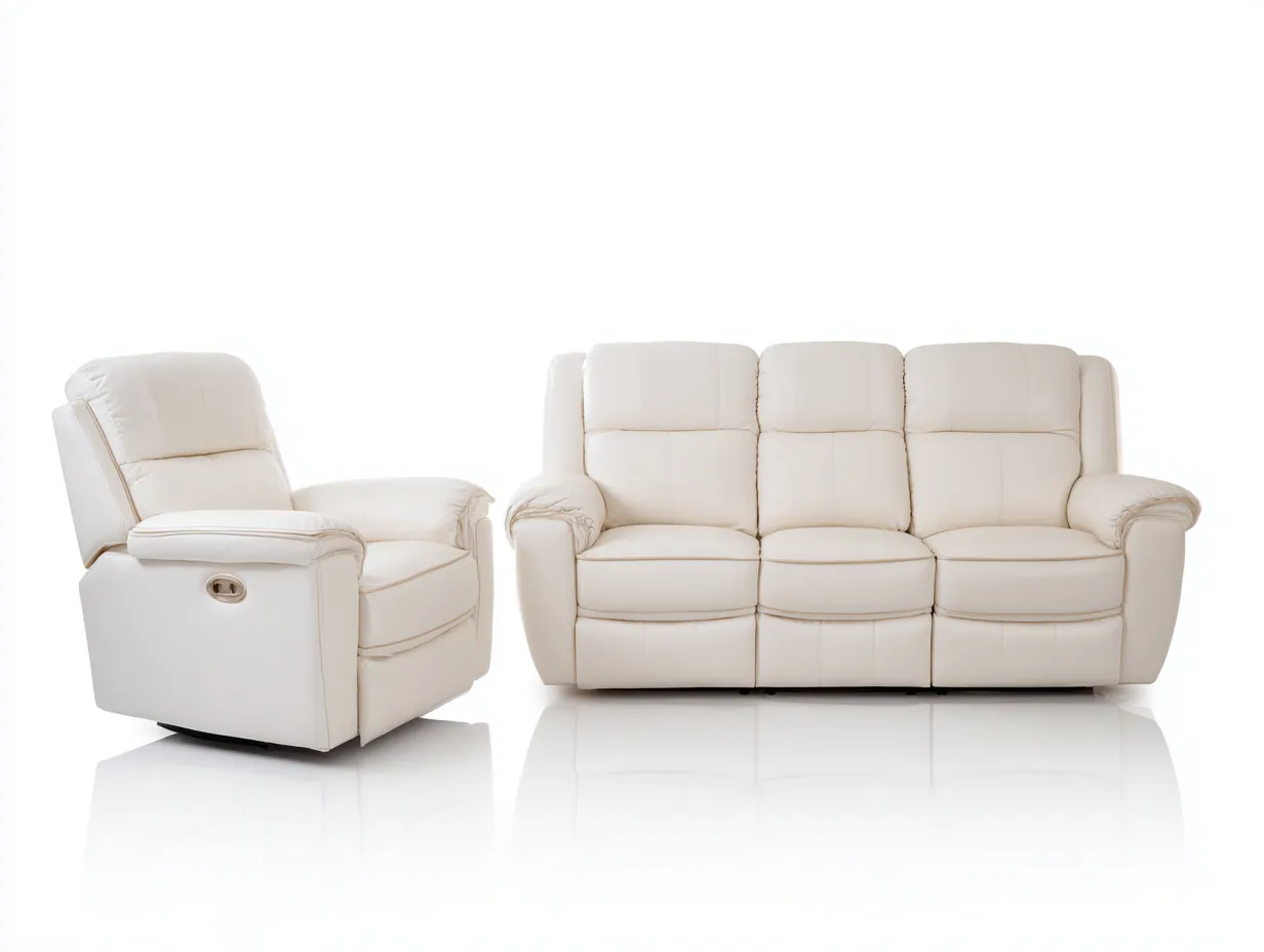 Relaxsofa Sets-Leder-Metall-Holz-214x98x104 cm-creme-modernes Design-Dengoloft