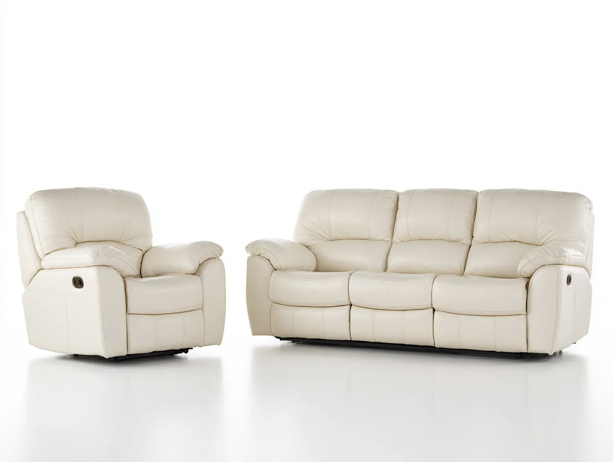 Relaxsofa Sets-Leder-Metall-Holz-216x99x104 cm-creme-modernes Design-Dengoloft