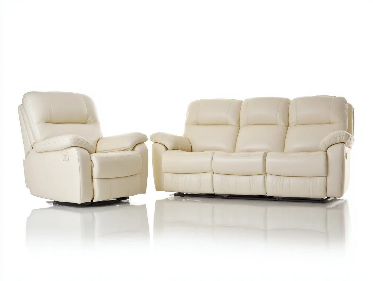 Relaxsofa Sets-Leder-Metall-Holz-212x97x103 cm-creme-modernes Design-Dengoloft