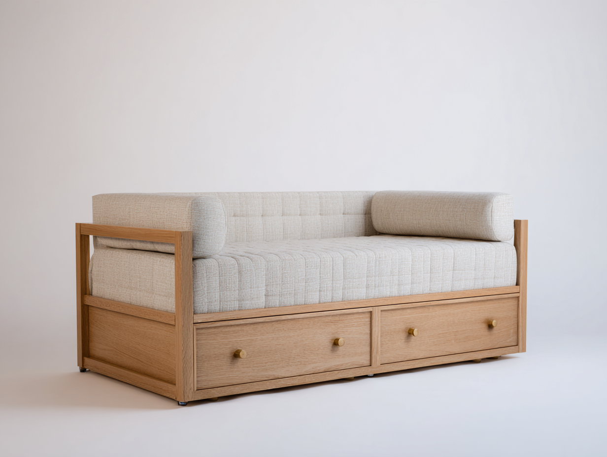 Sofás cama de tela con estructura de madera 200x90x85 cm - beige - diseño moderno con 2 cajones-Dengethaus
