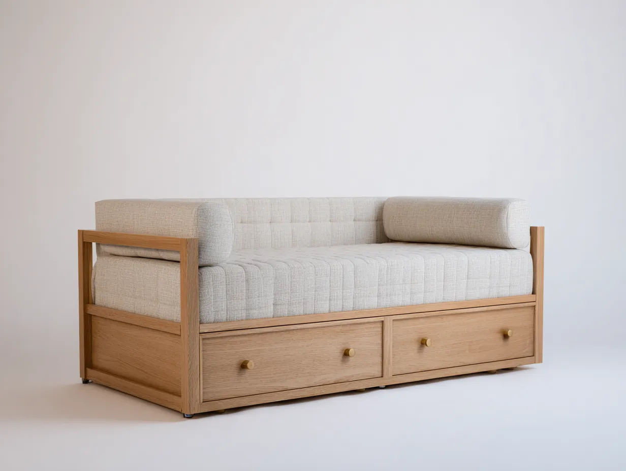 Sofás cama de tela con estructura de madera 200x90x85 cm - beige - diseño moderno con 2 cajones-Dengethaus