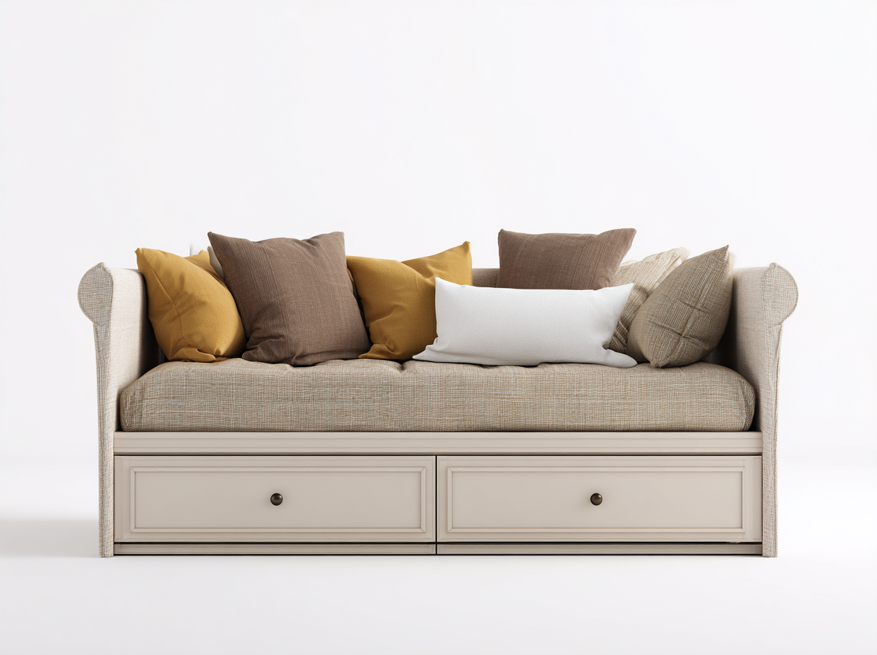 Sofás cama de tela con cajones integrados 200x90x85 cm - beige - diseño funcional para salón y dormitorio-Dengethaus