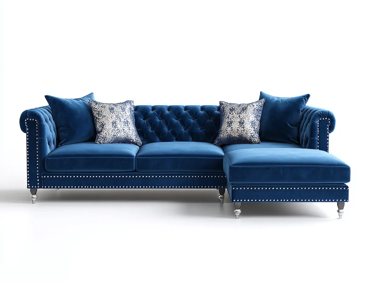 Sofás rinconeros de tela capitoné 265x160x90 cm - azul - diseño elegante para salón-Dengethaus