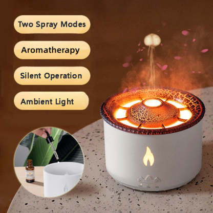 Aromatherapy diffuser with features listed and a close-up of essential oil being added.