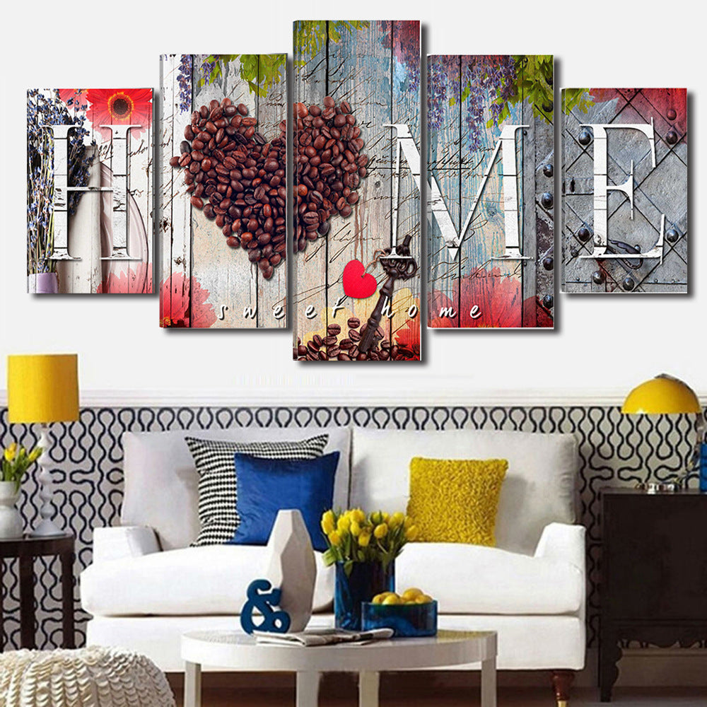Five-piece wall art set with decorative text and images in a living room setting.