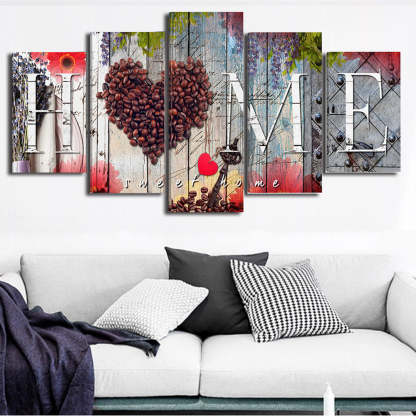 Five-piece wall art set with coffee beans heart design on a white sofa.