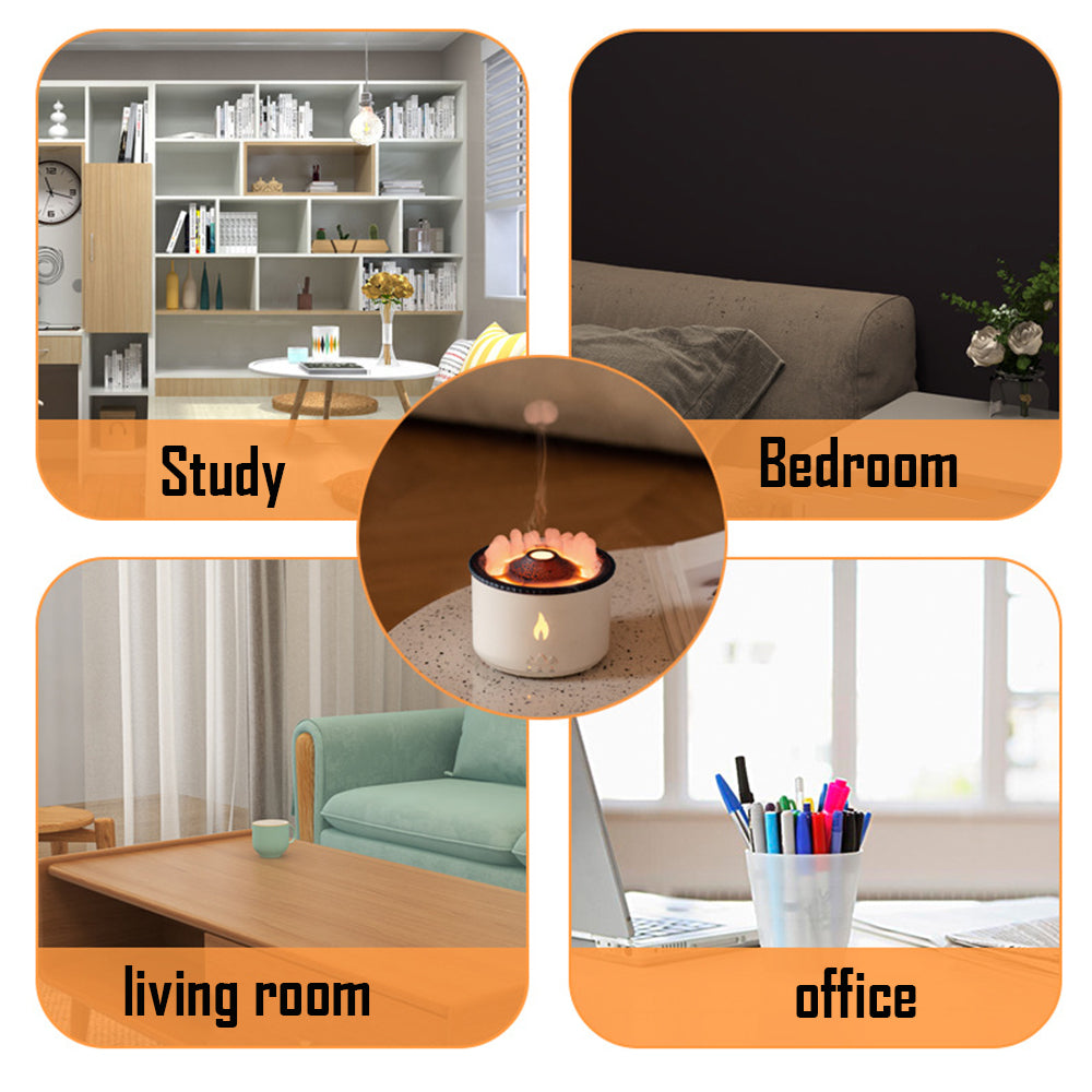 Collage of a candle in different settings labeled 'Study', 'Bedroom', 'Living Room', and 'Office'.