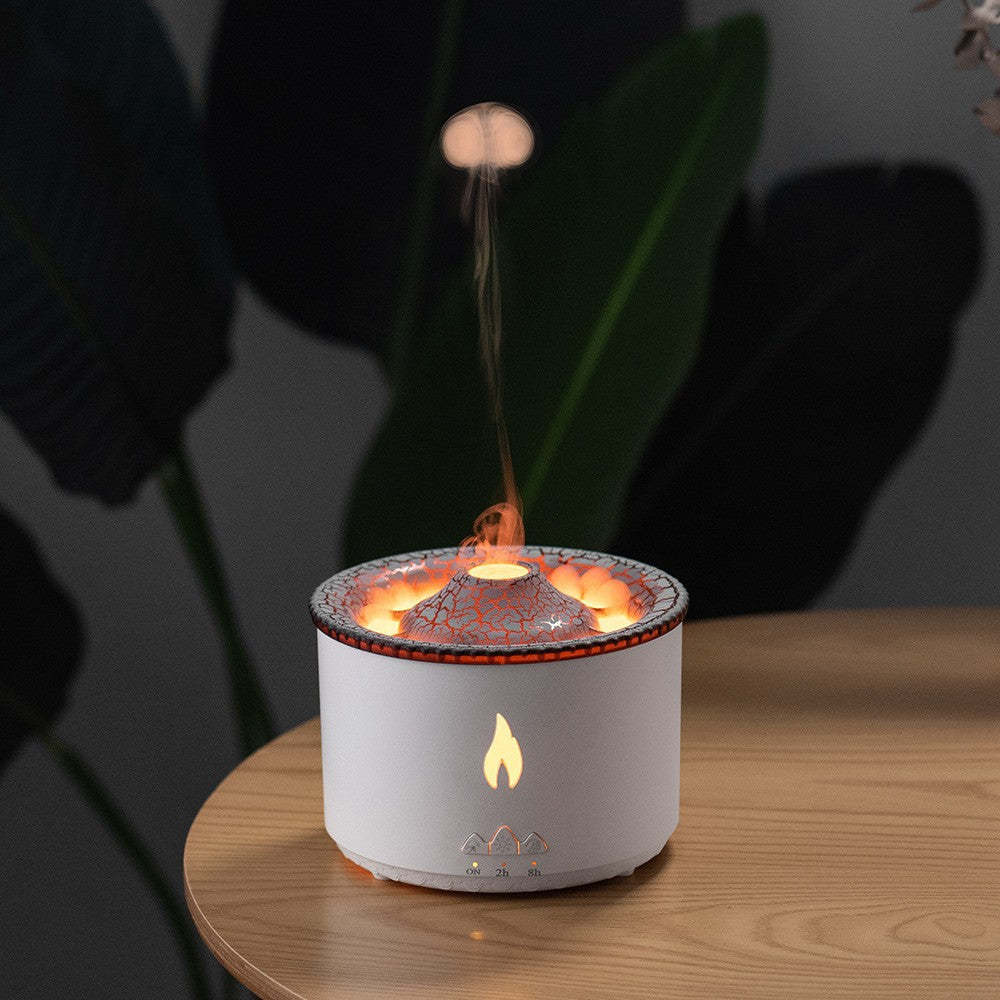 White decorative lamp with flame effect on a wooden surface