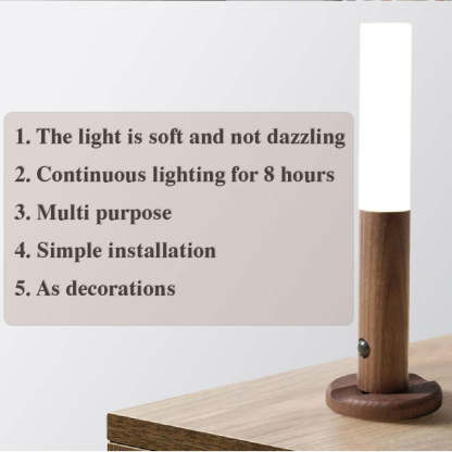 Wooden lamp with a light bulb on a wooden surface, featuring text about the lamp's features.