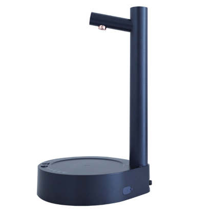 Dark blue lamp with a cylindrical base and curved arm on a white background