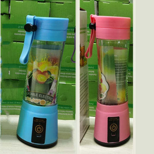 Two portable electric blenders, one blue and one pink, with colorful fruit images on a white background.