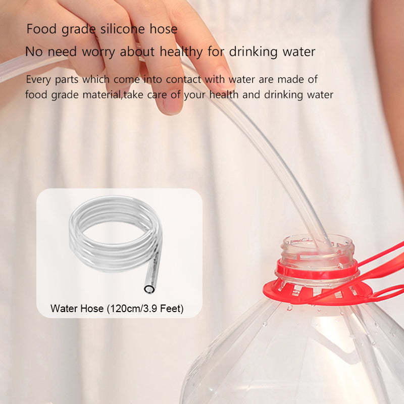 Food grade silicone hose being used to pour water from a container with text about its safety for drinking water.