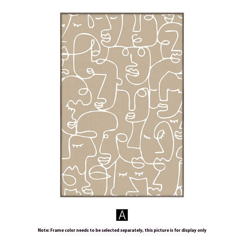 Beige rug with abstract white line art pattern on a plain background