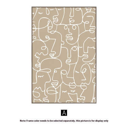 Beige rug with abstract white line art pattern on a plain background