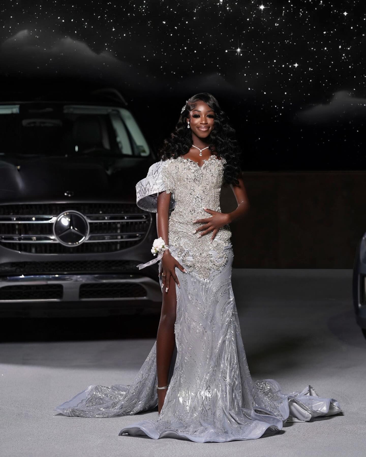 Starlight Dream - Silver Crystal Beaded Off-Shoulder Mermaid Prom Dress with Thigh Slit