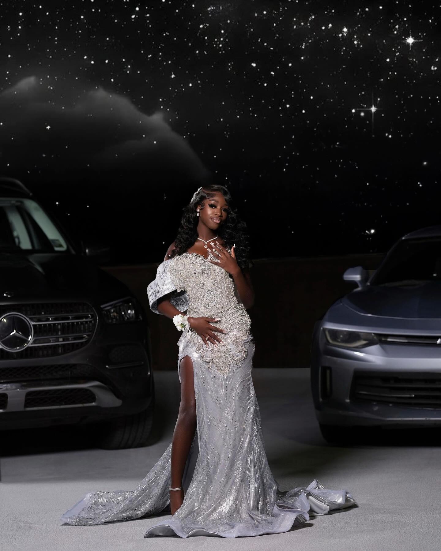 Starlight Dream - Silver Crystal Beaded Off-Shoulder Mermaid Prom Dress with Thigh Slit