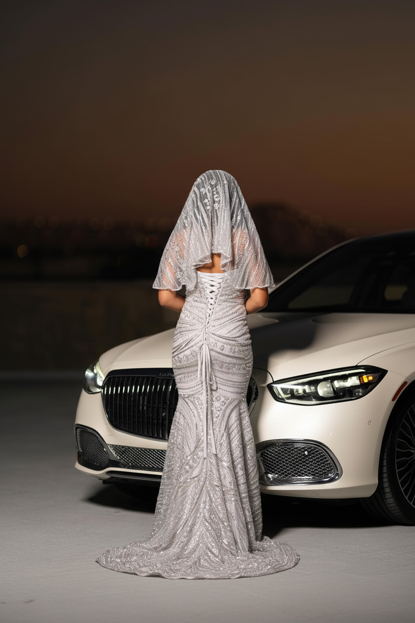Silver Sequin Crystal Beaded Mermaid Prom Dress with Cape Veil-LLELLA