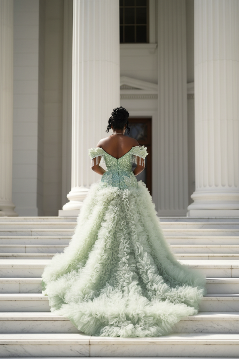 Mint Green Off-Shoulder Sequin Beaded Prom Dress with 3D Leaf Appliqué & Ruffle Tulle Train-LLELLA