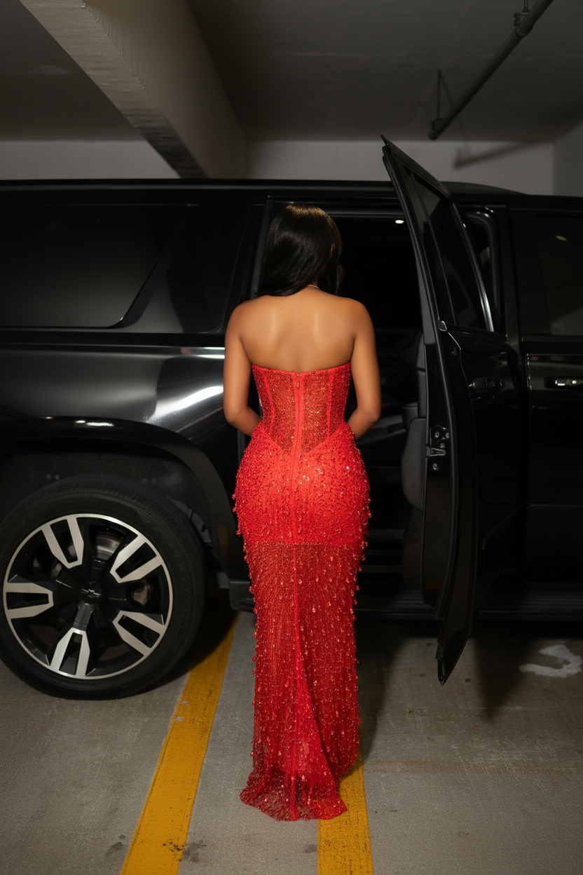 Red Fringe Fire Prom Dress - Back View