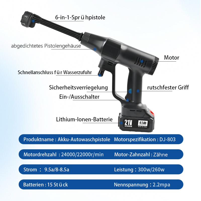 BOJIN kabelloser Hochdruckreiniger, 2,2 MPa, bürstenloser Motor, ausgestattet mit 6-in-1-Düse, 2 × 4,5Ah Akkus und 16,4 Fuß knickfestem Schlauch.