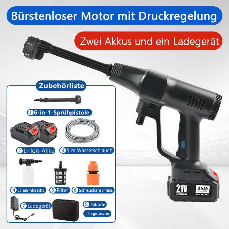 BOJIN kabelloser Hochdruckreiniger, 2,2 MPa, bürstenloser Motor, ausgestattet mit 6-in-1-Düse, 2 × 4,5Ah Akkus und 16,4 Fuß knickfestem Schlauch.
