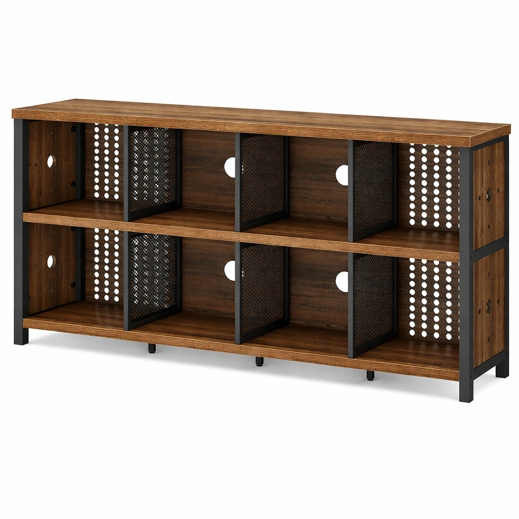 Meuble TV industriel bois et mtal avec tagres ouvertes-voqenra