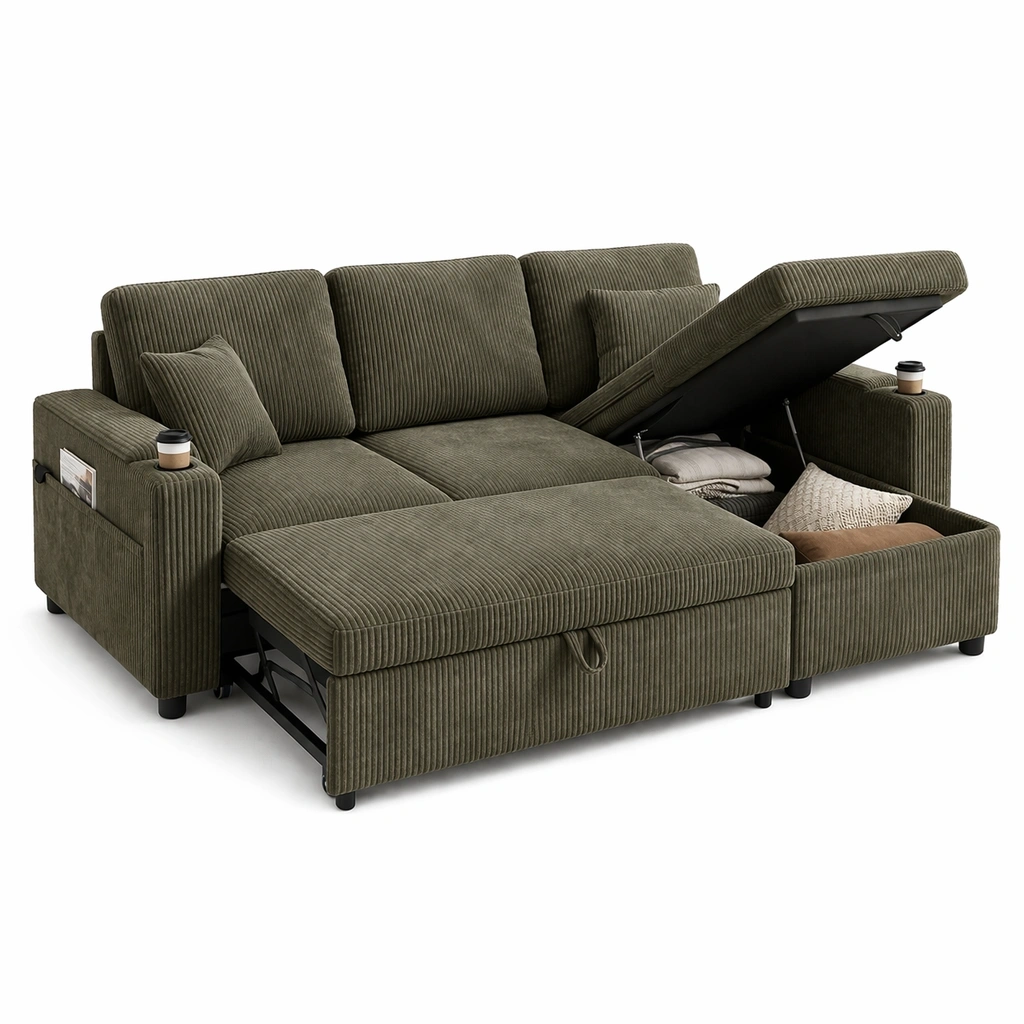 Canap convertible avec rangement et mridienne tissu c?tel-voqenra