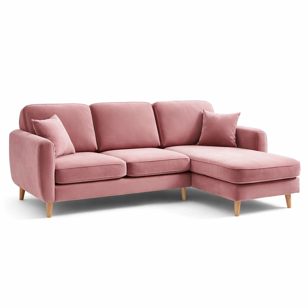 Canap dangle rose moderne avec coussins et pieds bois-voqenra