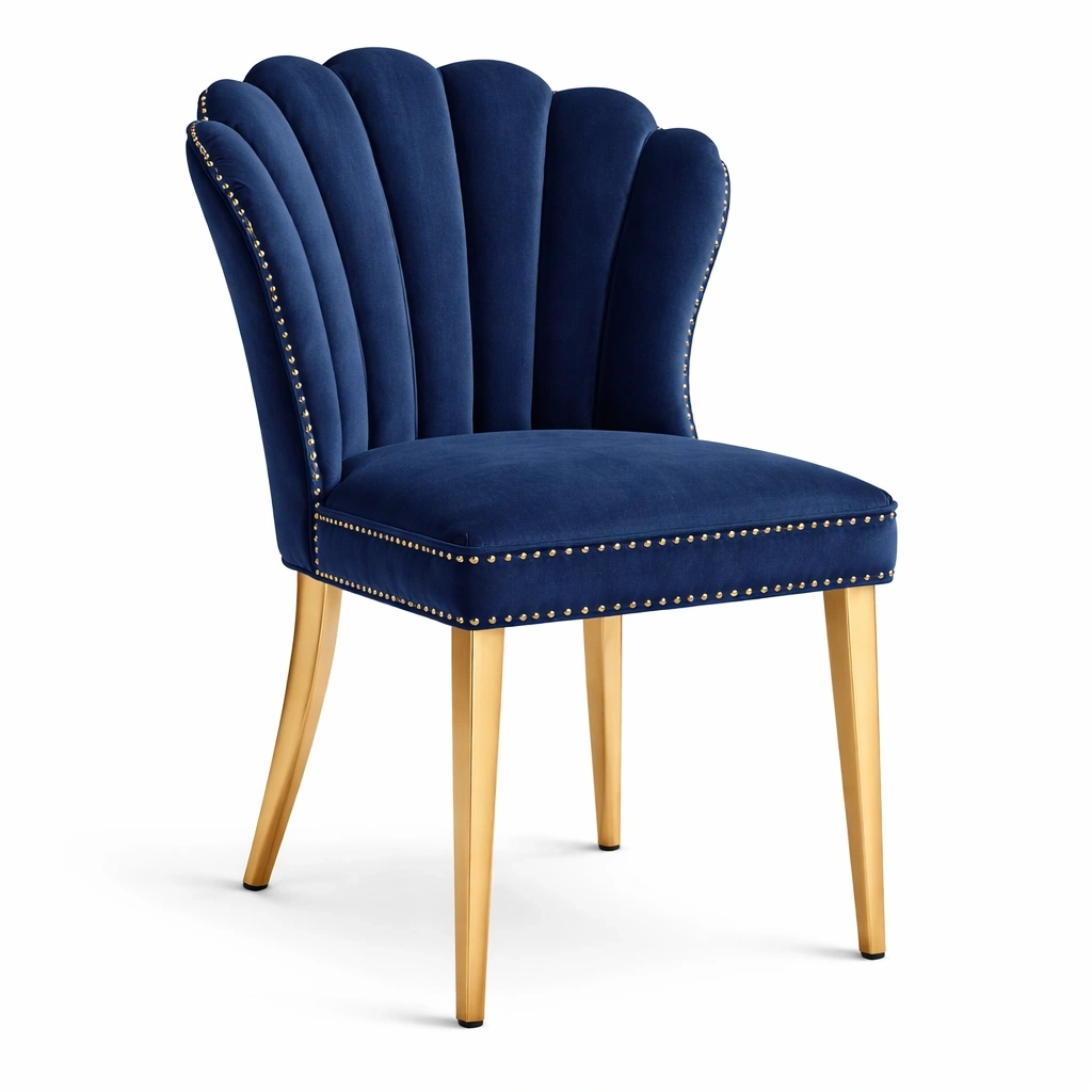 Chaise velours bleu dossier coquille pieds mtal dor-voqenra