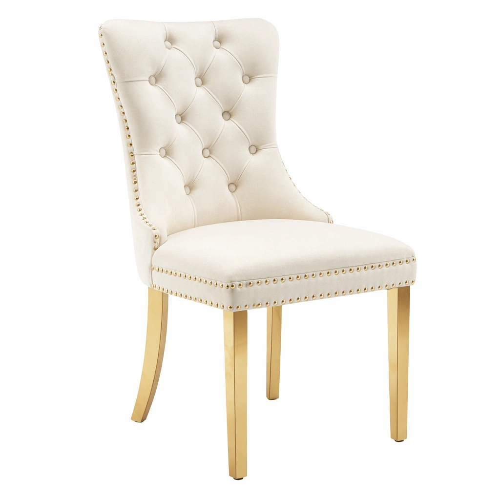 Chaise velours blanc capitonne pieds dors style luxe-voqenra