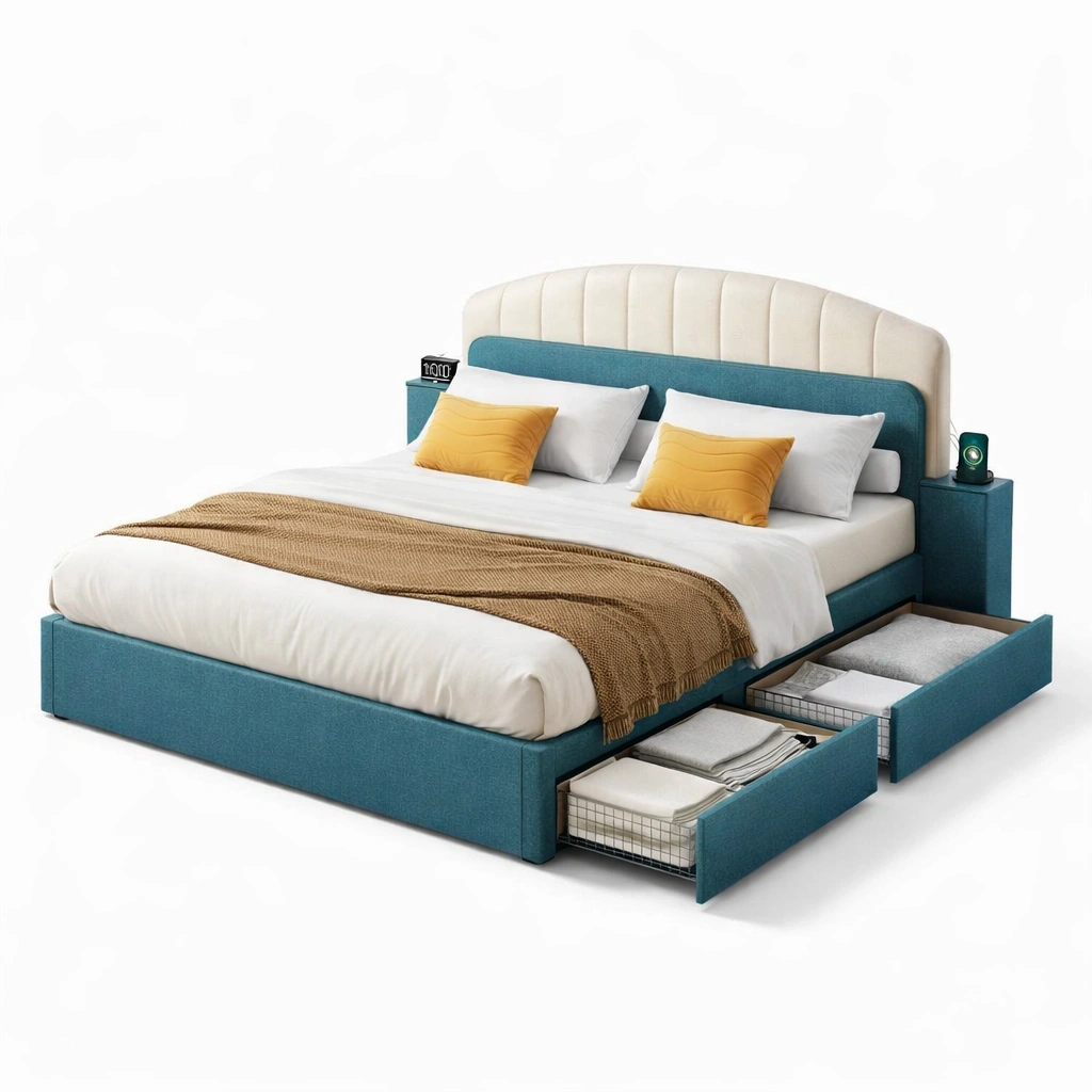 Lit avec rangement tiroirs tissu design moderne confortable-voqenra