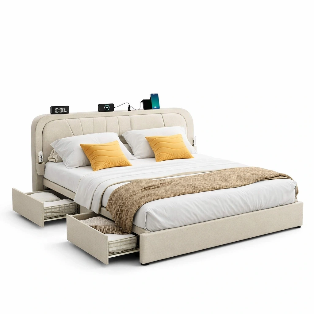 Lit avec tiroirs et tte multifonction tissu moderne-voqenra