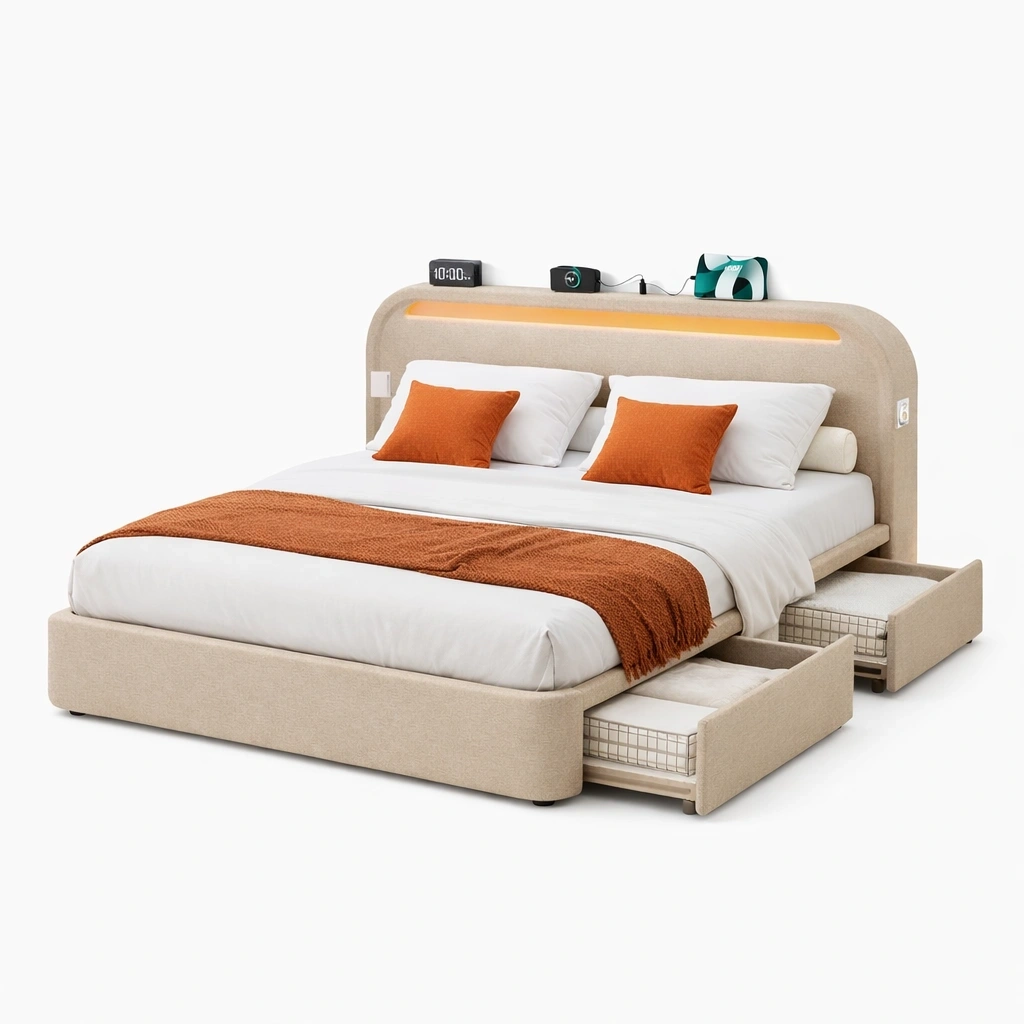 Lit avec rangement tiroirs LED tte rembourre moderne-voqenra