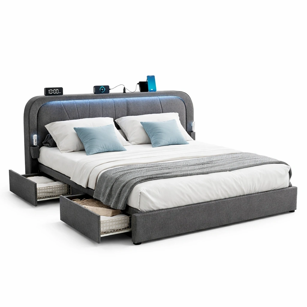 Lit avec LED intgre et tiroirs rangement design moderne-voqenra