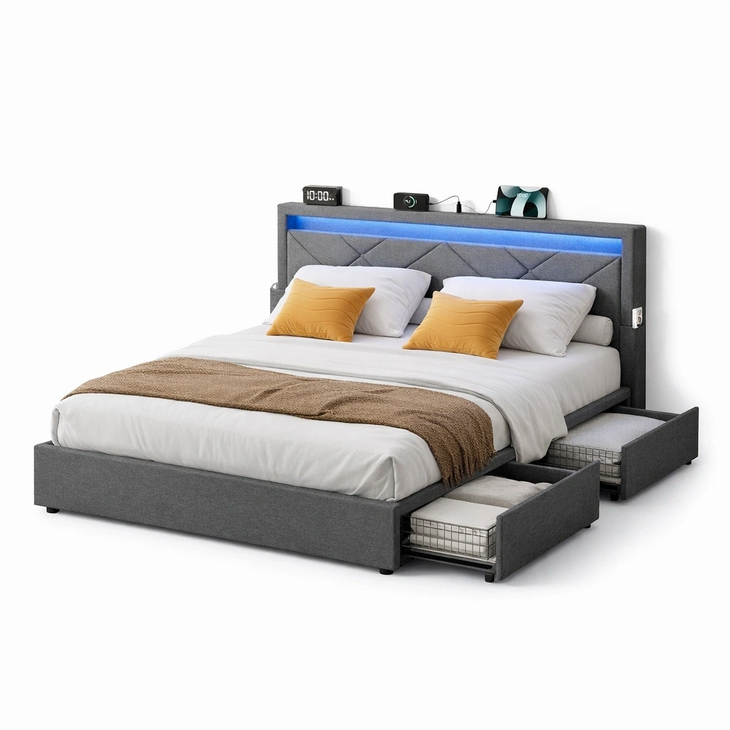 Lit avec LED intgre et tiroirs rangement design moderne-voqenra