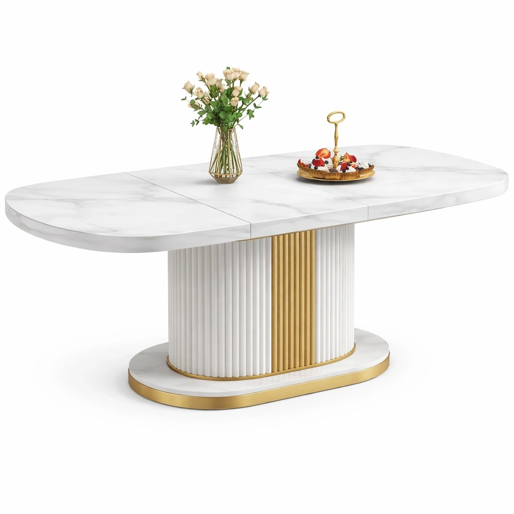 Table  manger marbre blanc base dore design ovale-voqenra