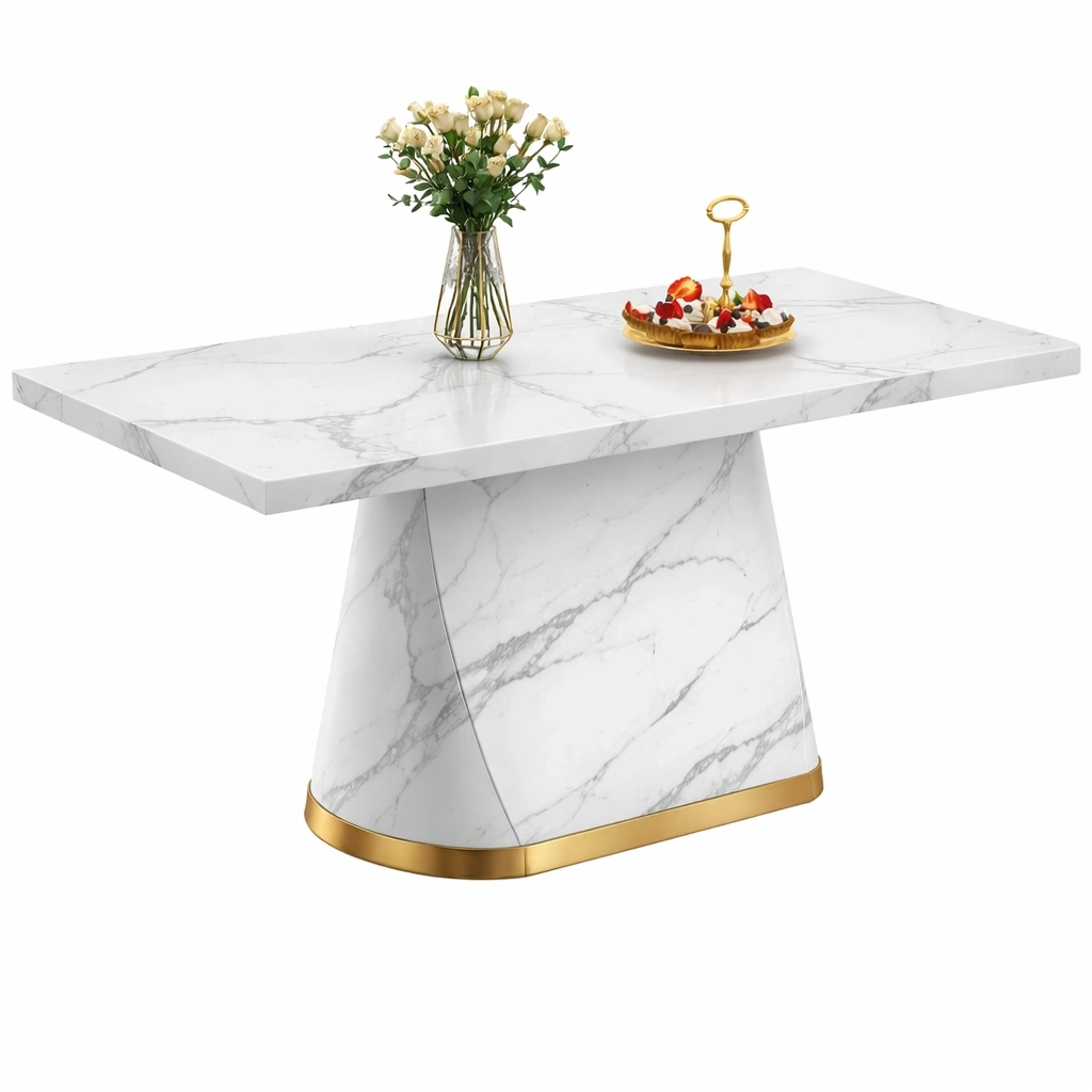 Table  manger marbre blanc base sculpte moderne-voqenra