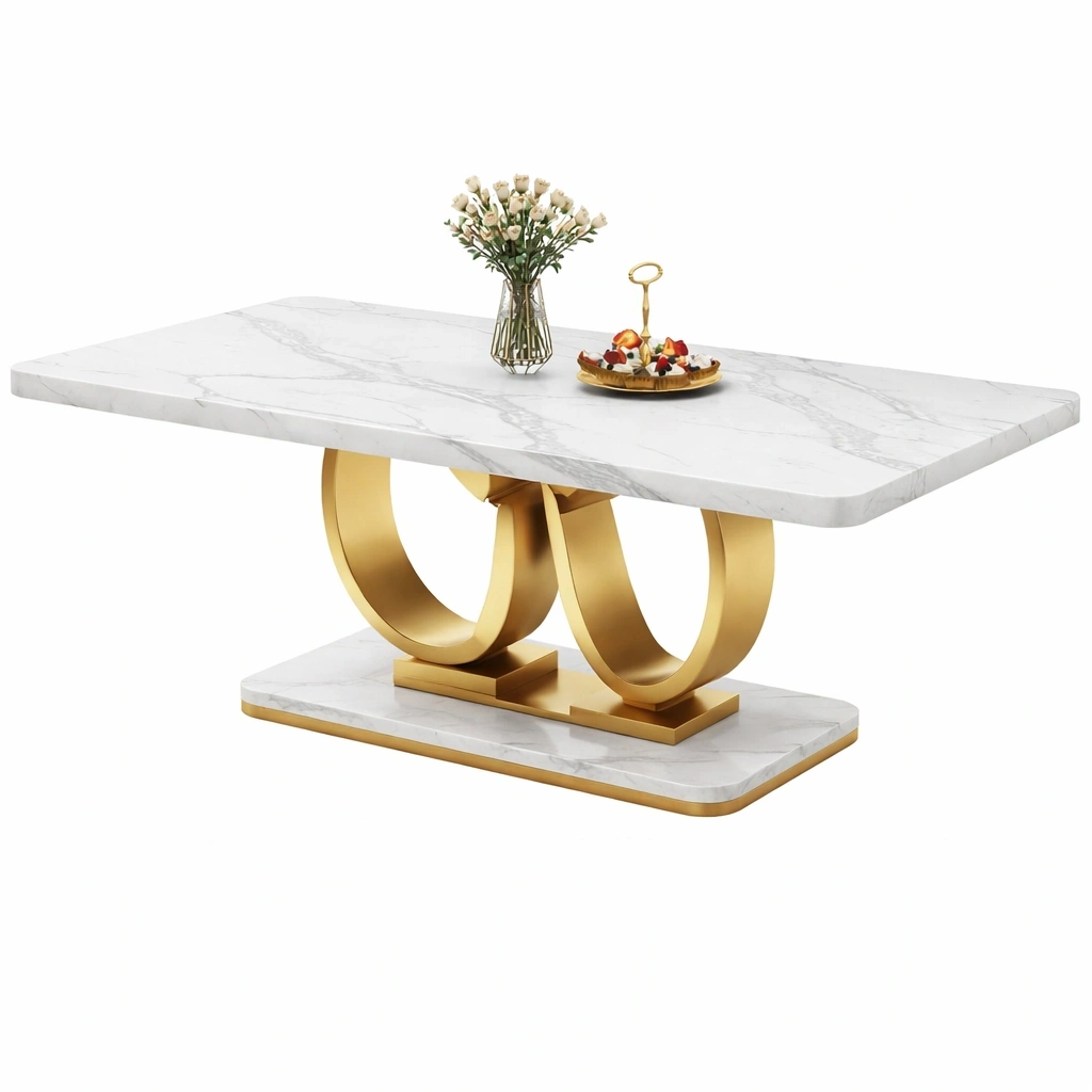 Table  manger marbre blanc pieds design anneaux dors-voqenra