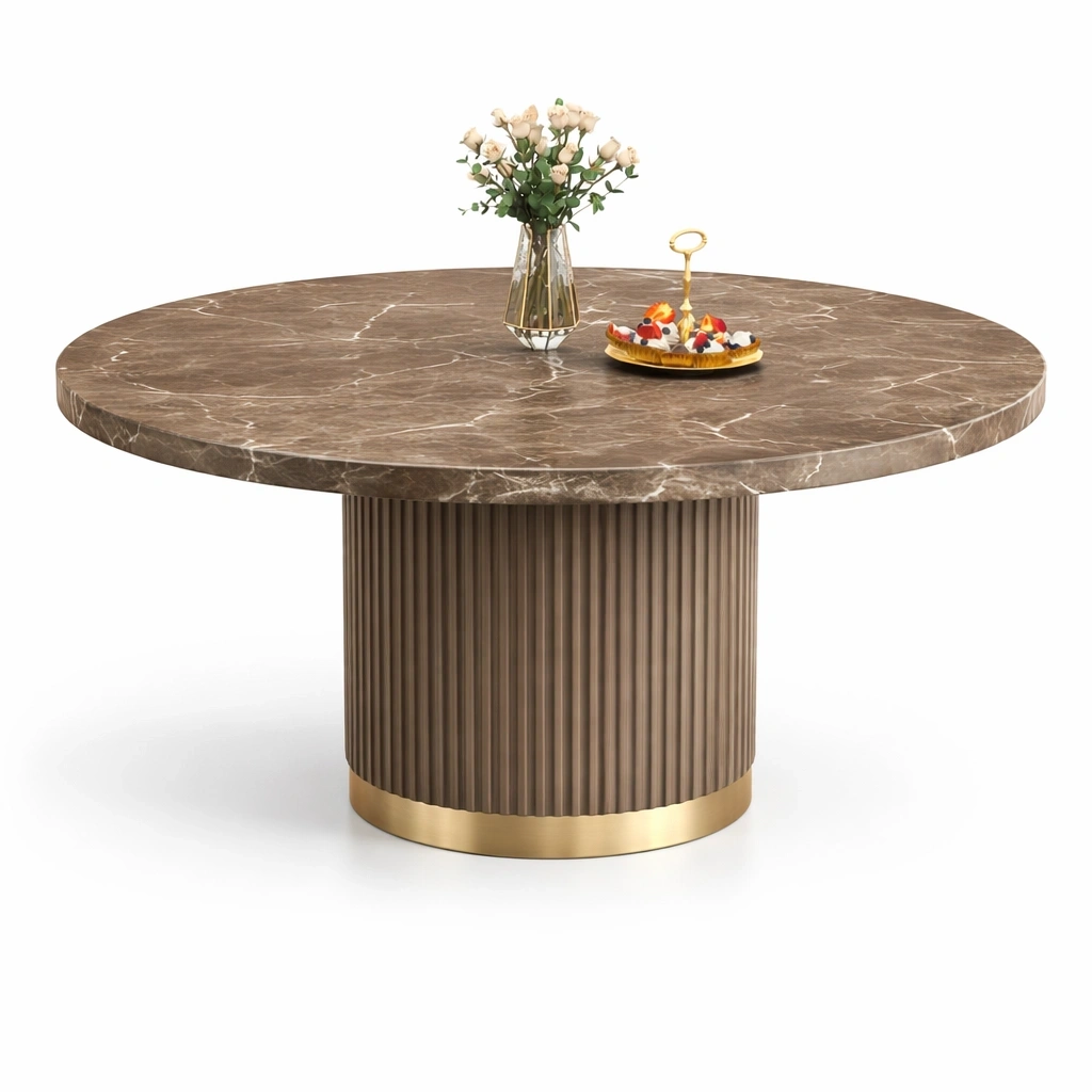 Table  manger ronde marbre marron base cylindrique-voqenra