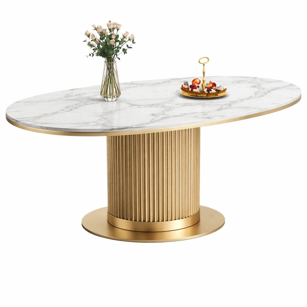 Table  manger ovale marbre blanc base dore lgante-voqenra