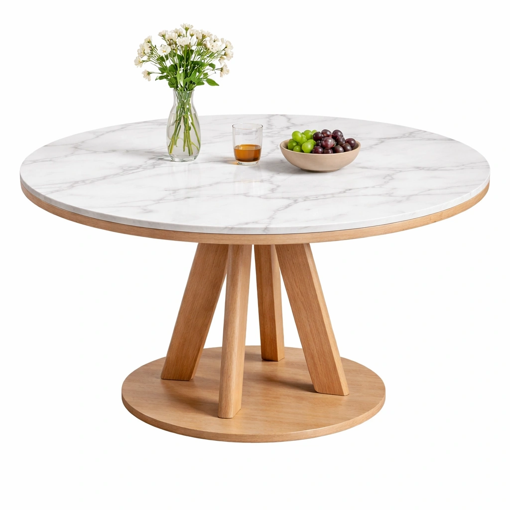 Table ronde marbre blanc pieds bois massif naturel-tavqorin