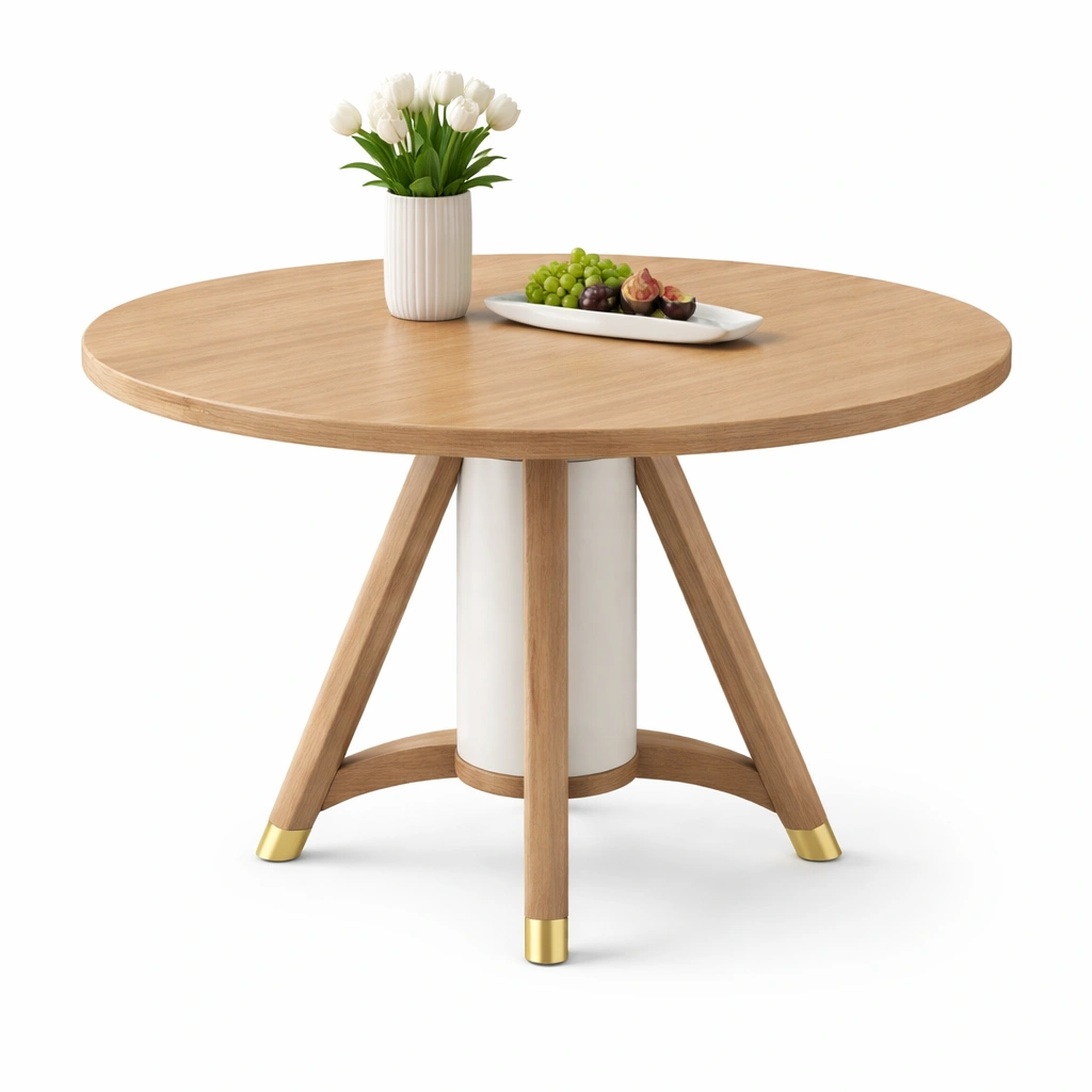 Table ronde bois naturel pieds bois et mtal blanc-tavqorin