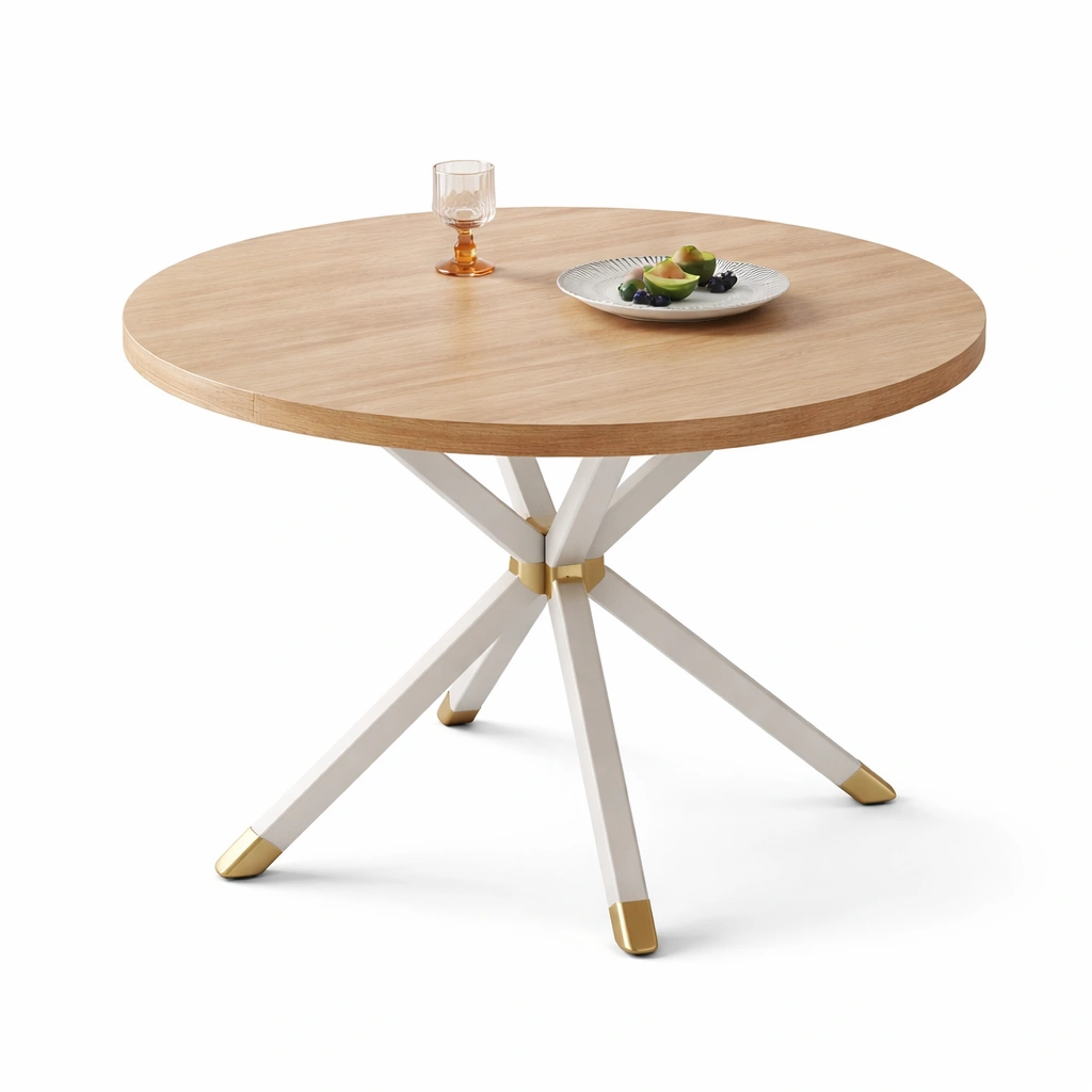 Table ronde bois naturel pieds croiss mtal blanc-tavqorin