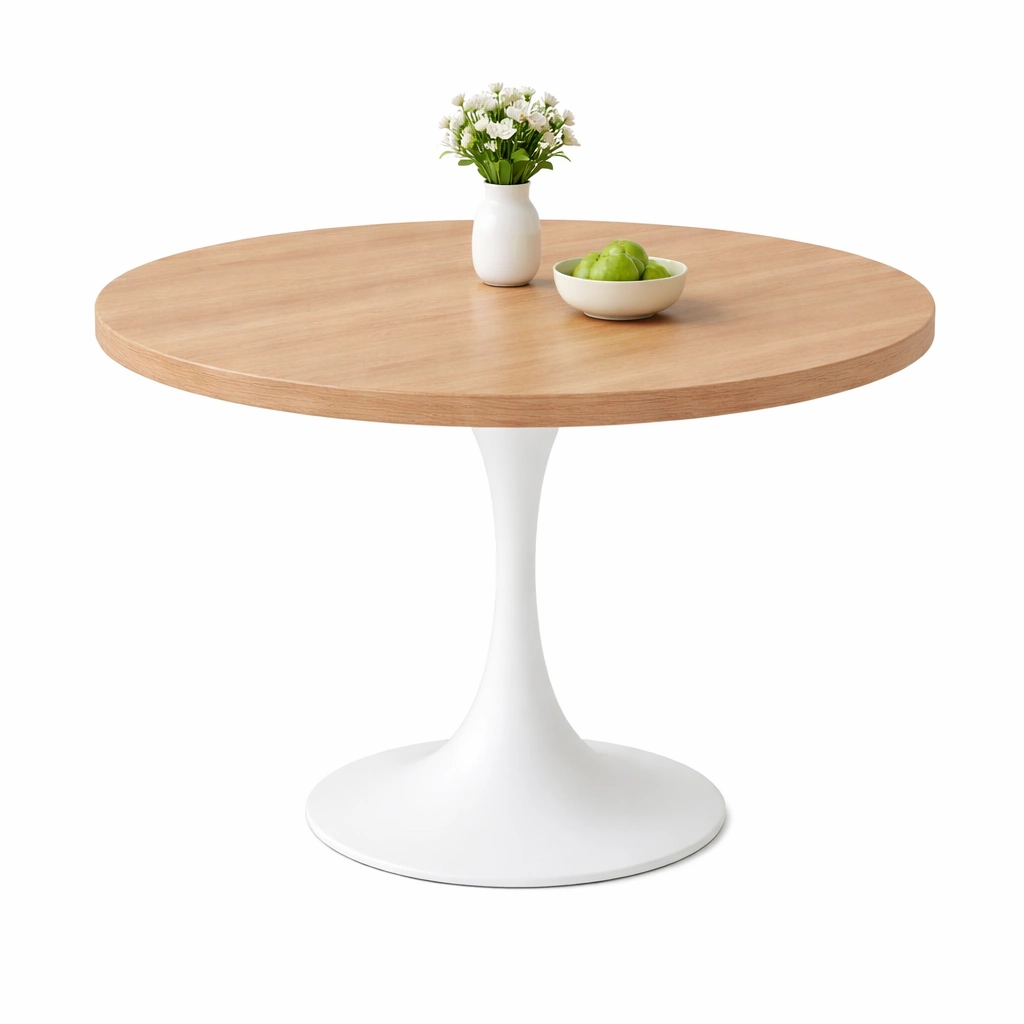 Table ronde bois clair pied central mtal blanc design moderne-tavqorin