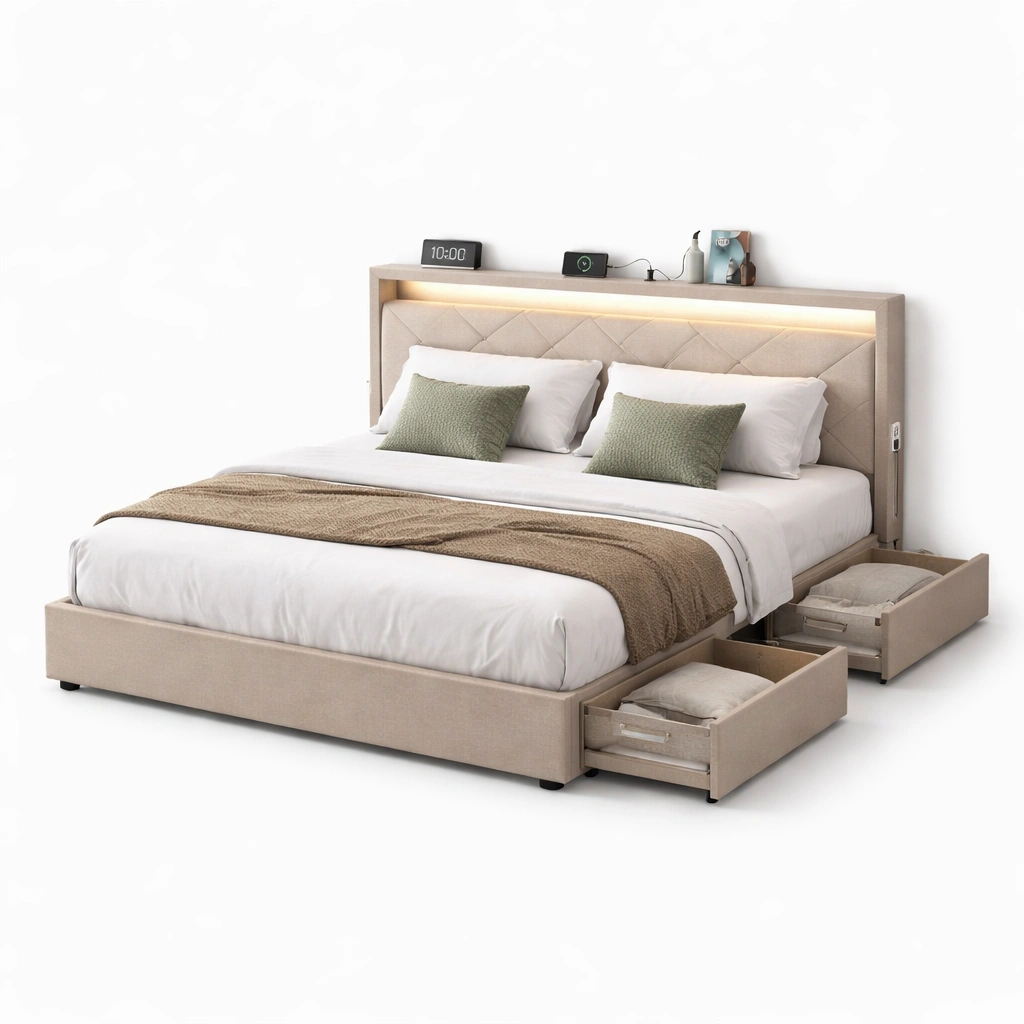 Lit double tissu beige avec tiroirs rangement et tte LED-tavqorin
